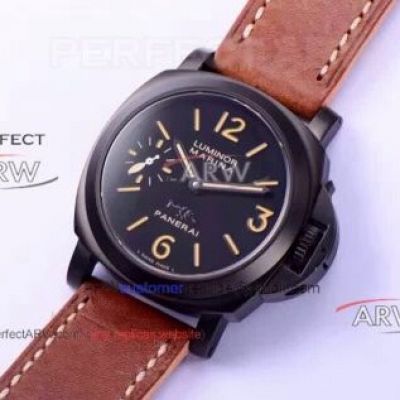 Perfect Replica Panerai Luminor LOGO 44MM Watch - Black Steel Case Black Arabic Dial Brown Leather Bracelet